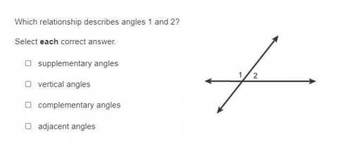 Which relationship describes angles 1 and 2?

Select each correct answer.
supplementary angles
ver