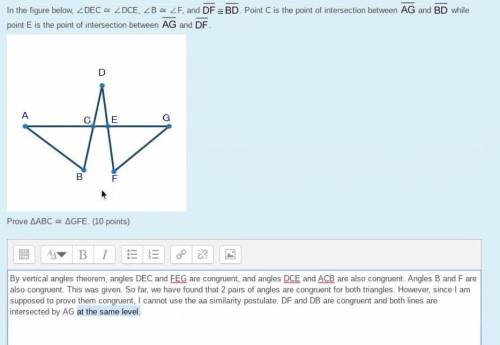 I need help proving BC and EF are congruent (in length). I am trying to prove this by angle-side-an