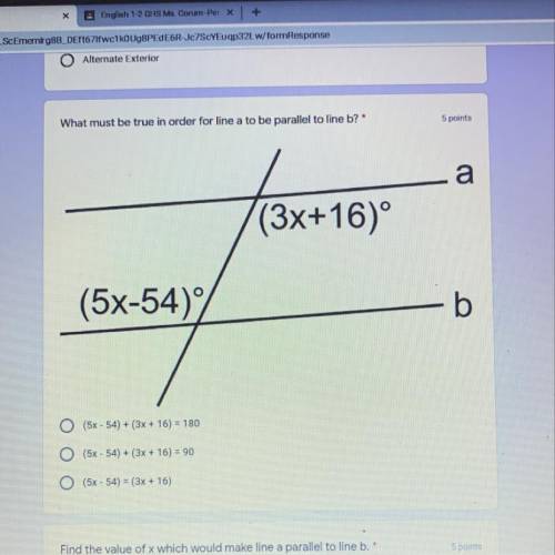 What must be true in order for line A to be parallel of line b?