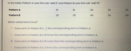 Which statement is true?

Every term in Pattern B is 12 the corresponding term in Pattern A.Every