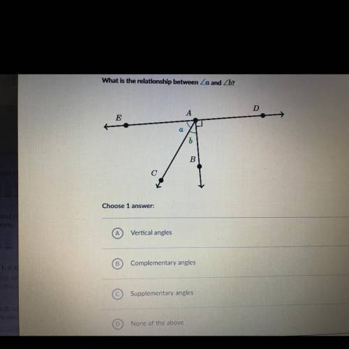 What is the relationship between Za and Zb?

A
E
a
B
Choose 1 
Vertical angles
B
Complement