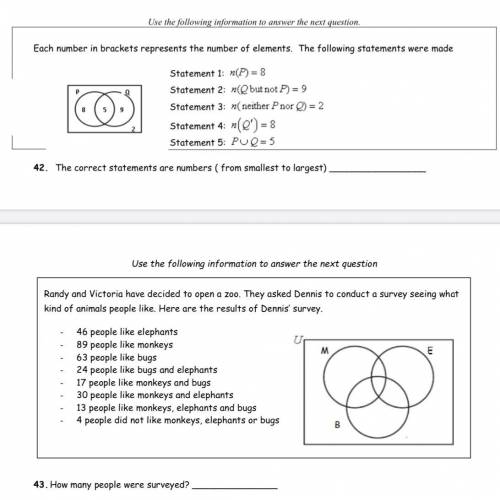 if you’re good with set theory and word problems in math 30 please help with questions 42 and 43 !!