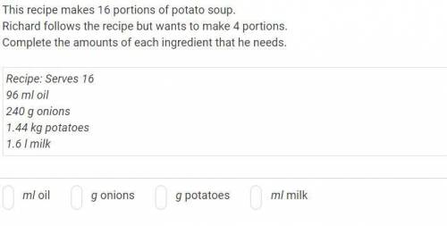 Pls help with this question.

This recipe makes 16 portions of potato soup.
Richard follows the re