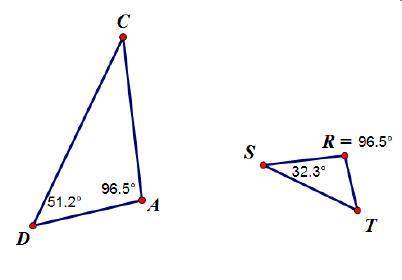 Which best explains the relationship between the two triangles below? A. ΔADC ~ ΔRTS because ∠A ≅ ∠