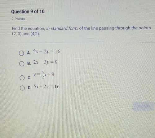 Find the equation in standard form of the line passing through the points (2, negative 3) and (4, 2