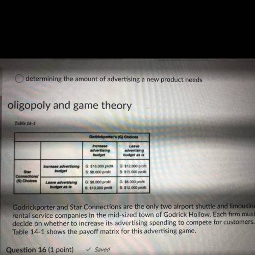 Question 18 (1 point)

Refer to Table 14-1. Let's suppose the game starts with each firm adhering