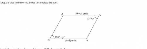 Match the values based on parallelogram ABCD, shown in the figure. length of BC value of y m∠DAB va