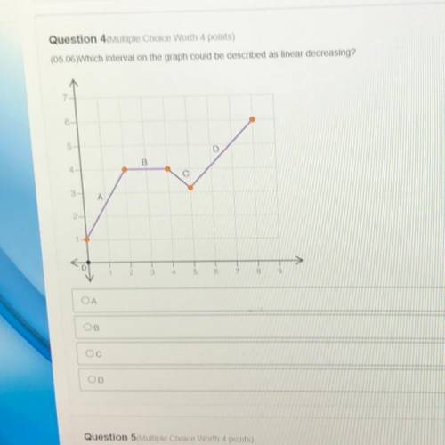 (05.06)Which interval on the graph could be described as linear decreasing?

7.
6-
5-
D
B
4.
с
3
A