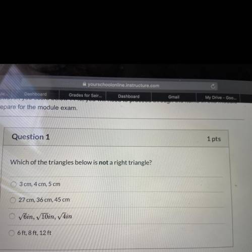 Which of the triangles below is not a right triangle

A. 3cm, 4cm, 5cm
B. 27cm, 36cm, 45cm
C. 6in,