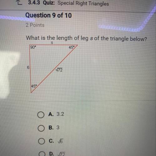 What is the length of leg s of the triangle below?