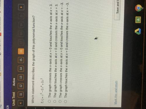 Which statement describes the graph of this polynomial function f(x)=x^5-6x^4+9x^3