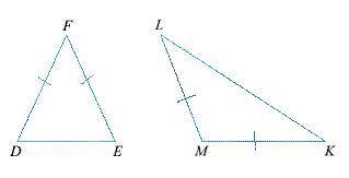 If ∠M > ∠F, then DE _____ KL. Choose the relationship symbol to make a true statement. > <