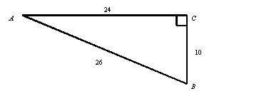 Triangle A B C. Angle C is 90 degrees. Hypotenuse A B is 26, adjacent side A C is 24, opposite C B
