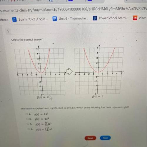 The function of fx has been transformed to give go. Witch of the following functions represent gx?