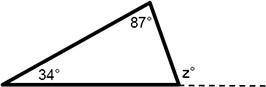 Determine the value of z. answers: A) 57° B) 53° C) 121° D) 239°