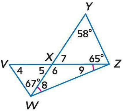 Angle YXZ is ____ degrees. Angle VXW is _____ degrees. Angle WXZ is _____ degrees. Angle XVW is ___