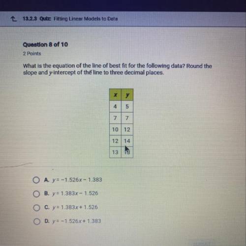 What is the equation of the line of best fit for the following data? Round the slope and y. interce