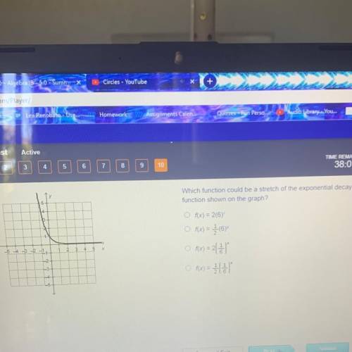 Which function could be a stretch of the exponential decay

function shown on the graph?
Of(x) = 2