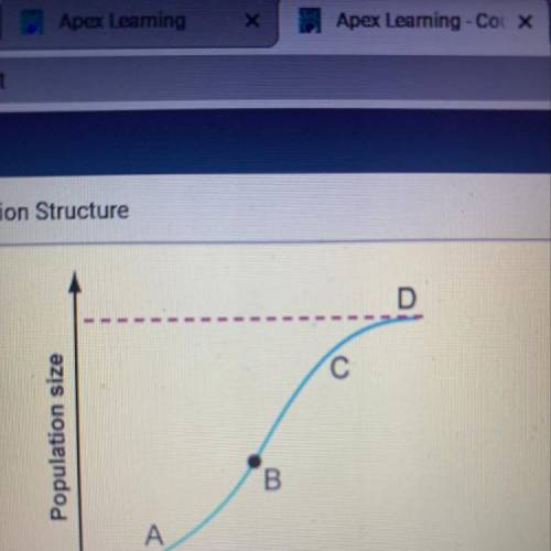 D

с
Population size
B
A
Time
Where is the growth rate slowing down in the graph shown above?
O A.