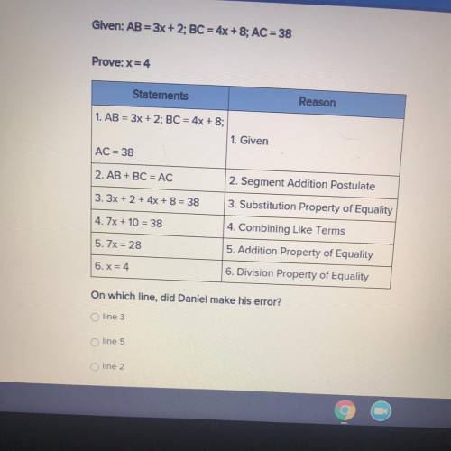 Given: AB = 3x + 2; BC = 4x + 8; AC = 38

Prove: x = 4
Reason
Statements
1. AB = 3x + 2; BC = 4x +