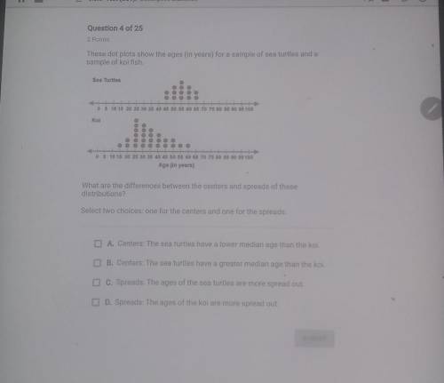 These dot plots show the ages in years for sample of sea turtles and sample of koi fish