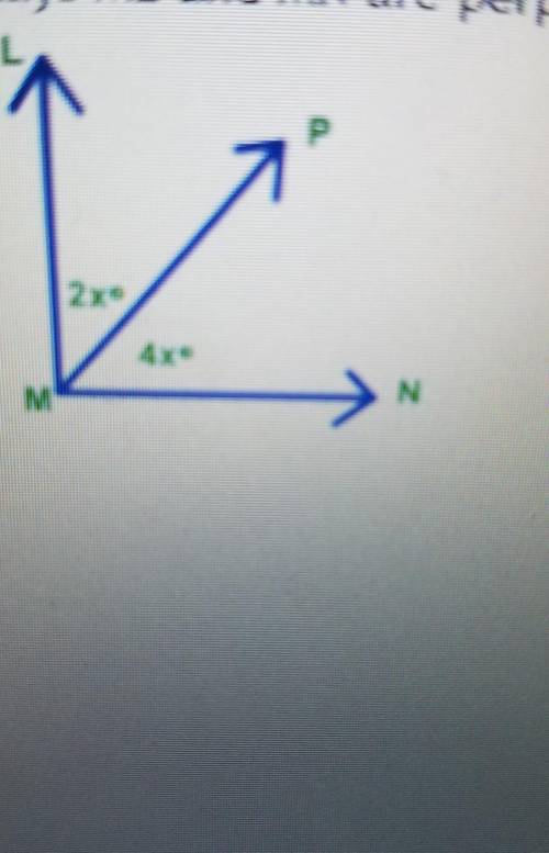 Ray ML and MN are perpendicular. ray MP ia an angel bisector. find the value of x .