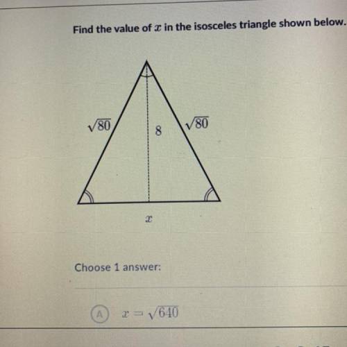 Find the value of x in the isosceles triangle shown below.