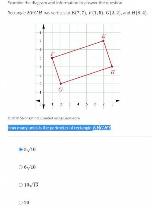 Examine the diagram and information to answer the question. Rectangle EFGH has vertices at E(7,7),