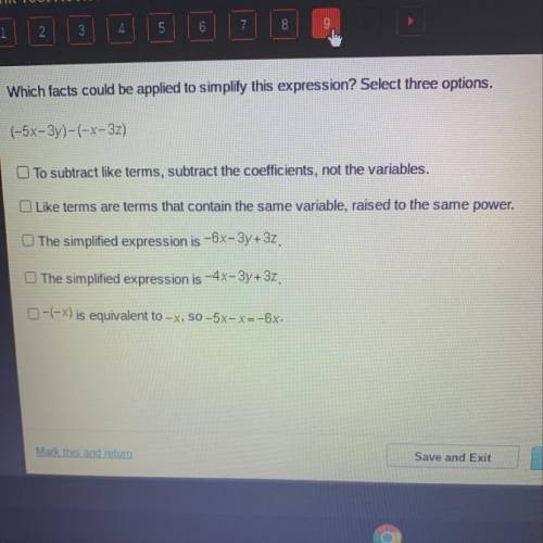 Which facts could be applied to simplify this expression? Select three options.
(-5x-3y)-(-x-3z)