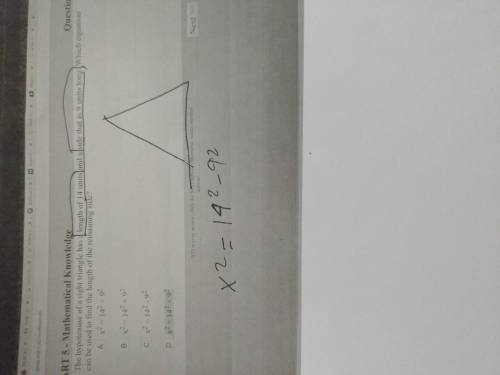 The hypotenuse of a right triangle has a length of 14 units and a side that is 9 units long. Which