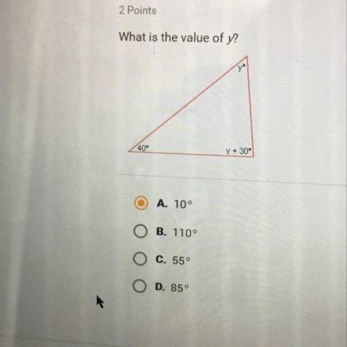 What is the value of y?
40°
Y + 30°