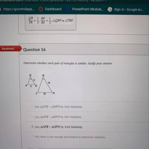 Determine whether each pair of triangles is similar. Justify your answer.

yes; ADFE - AHFG by SAS