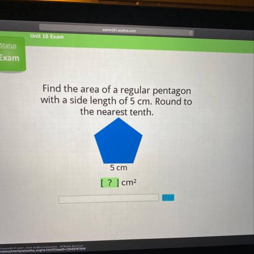 Find the area of a regular pentagon with a side length of 5 cm. Round to the nearest tenth.