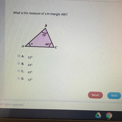 What is the measure of x in triangle ABC?
A.
53°
B.
449
C. 43°
D.
339
