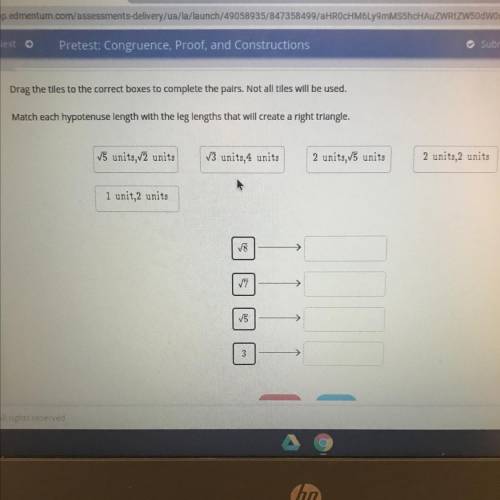 Match each hypotenuse length with the leg lengths that will create a right triangle