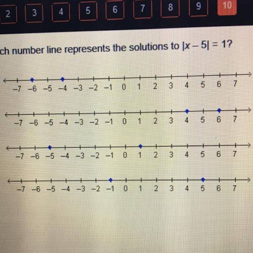 Which number line represents the solutions to [x - 5] = 1?