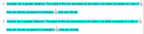 PICTURES INCLUDED PLEASE ANSWER Both Andrew and Karleigh recorded the distance they ran in x minute