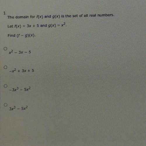 The domain for f(x) and g(x) is the set of all real numbers.

Let f(x) = 3x + 5 and g(x) = x2.
Fin