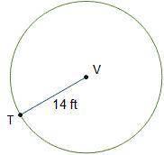 In circle V, r = 14ft. What is the area of circle V? a.14 pi sq ft b.28 pi sq ft c.49 pi sq ft d.19