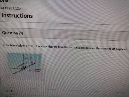 In the figure below, a=40. How many degrees from the horizontal position are the wings of the airpl