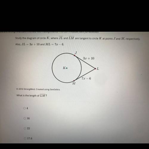 study the diagram of circle K where JL and LM are tangent to circle K at points J and M respectivel