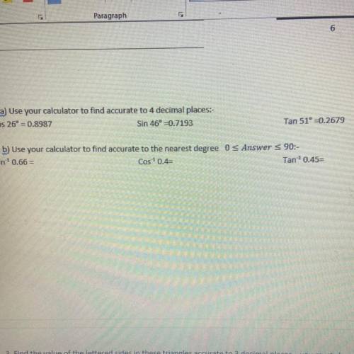 Answers to 2b using sin cos and tan