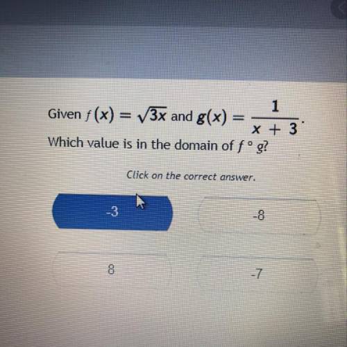 Given f(x)=3x and g(x)=1/x+3 which value is in the domain of f(g)
