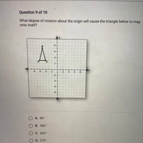 What degree of rotation about the origin will cause the triangle below to map onto itself?