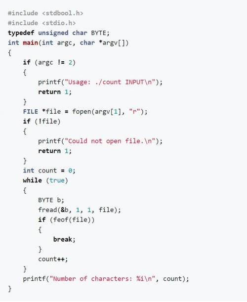 The program below counts the number of characters in a file, assuming the file is encoded as ASCII.