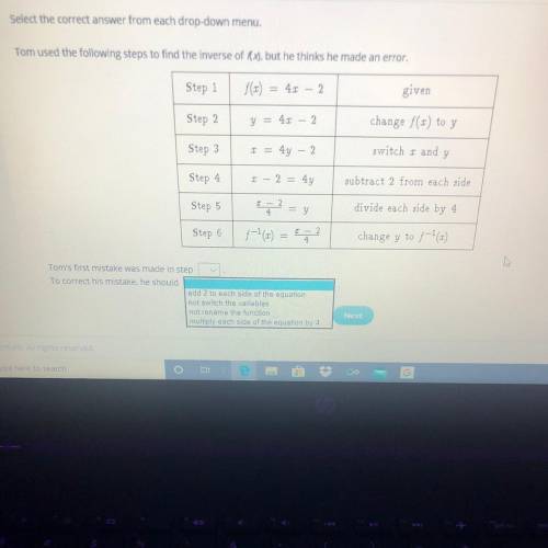 Select the correct answer from each drop-down menu.

Tom used the following steps to find the inve