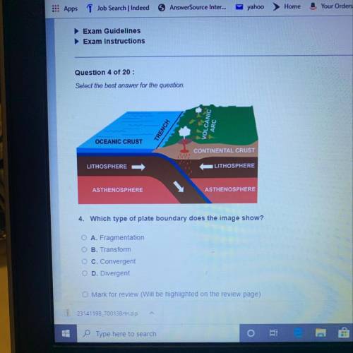 4. Which type of plate boundary does the image show?

O A. Fragmentation
OB. Transform
O C. Conver