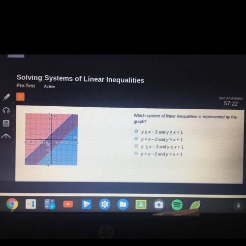 Which system of linear inequalities is represented by the

graph?
y > x-2 and y < x + 1
y x