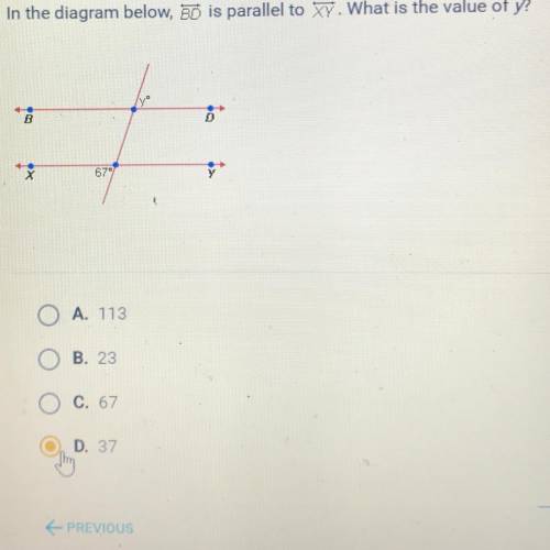 In the diagram below, BD is parallel to XY. What is the value of y?