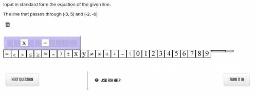 nput in standard form the equation of the given line. The line that passes through (-3, 5) and (-2,